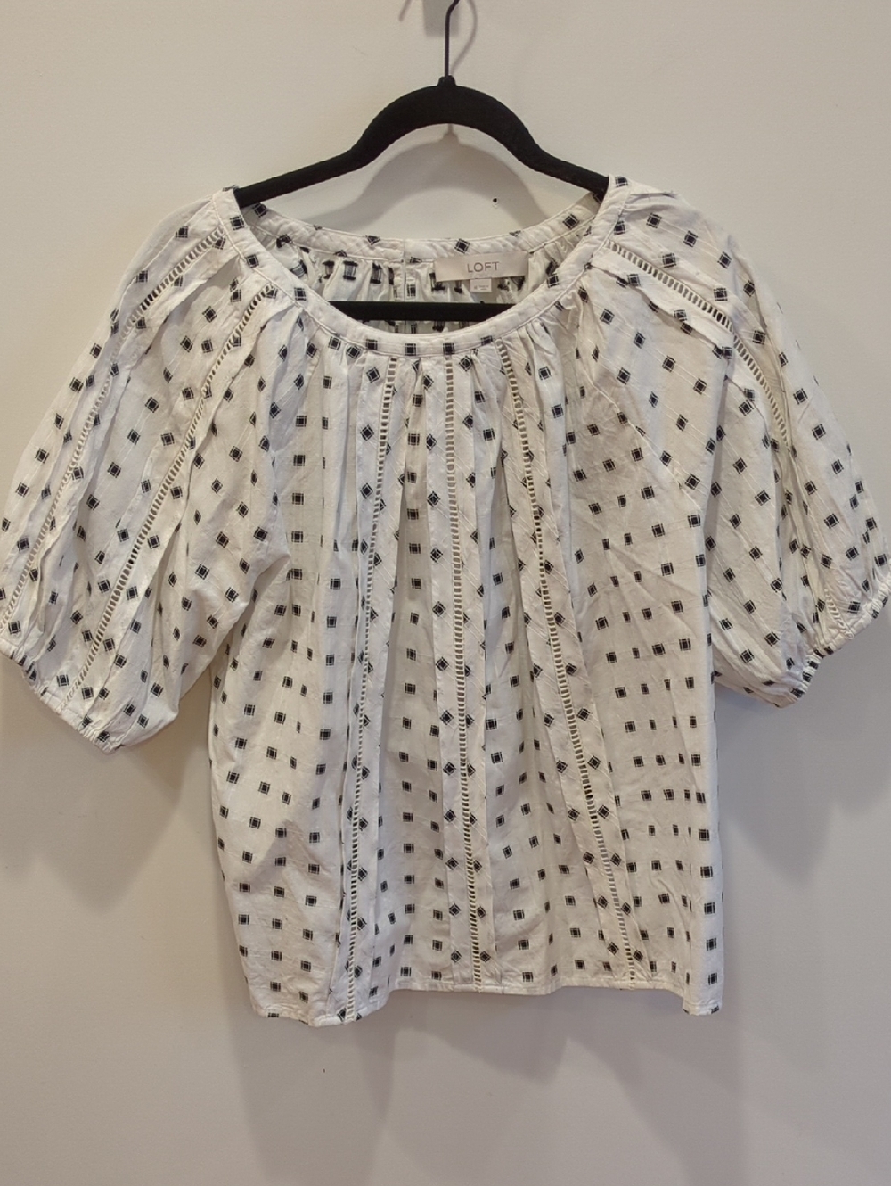 LOFT White Blouse Black Square Dot Embroidery Medium Whimsy Boho Cottage Summer